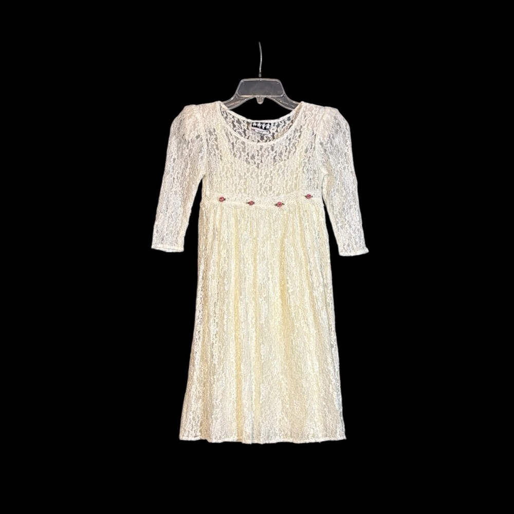 Girls Size 8- Ivory All-Lace 3/4 Sleeve Empire Waist Formal Dress + Slip 2pc Set
